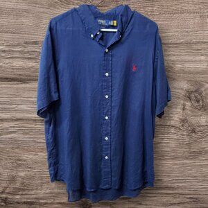Polo Ralph Lauren Men’s XL 100% Linen Navy Blue Stripe Short Sleeve Classic Fit‎